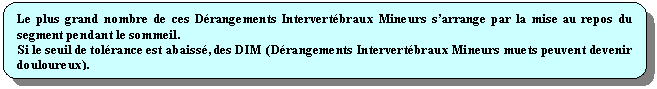 Rectangle  coins arrondis: Le plus grand nombre de ces Drangements Intervertbraux Mineurs sarrange par la mise au repos du segment pendant le sommeil.
Si le seuil de tolrance est abaiss, des DIM (Drangements Intervertbraux Mineurs muets peuvent devenir douloureux).
