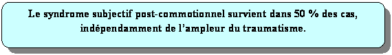 Rectangle  coins arrondis: Le syndrome subjectif post-commotionnel survient dans 50 % des cas,
indpendamment de lampleur du traumatisme.
