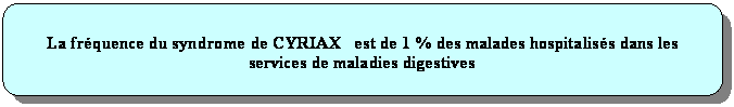 Rectangle  coins arrondis: La frquence du syndrome de CYRIAX   est de 1 % des malades hospitaliss dans les services de maladies digestives

