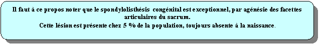 Rectangle  coins arrondis: Il faut  ce propos noter que le spondylolisthsis  congnital est exceptionnel, par agnsie des facettes articulaires du sacrum.
Cette lsion est prsente chez 5 % de la population, toujours absente  la naissance.
