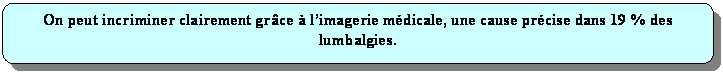 Rectangle  coins arrondis: On peut incriminer clairement grce  limagerie mdicale, une cause prcise dans 19 % des lumbalgies.