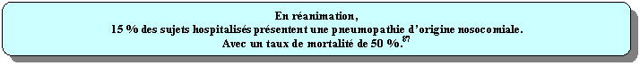 Rectangle  coins arrondis: En ranimation,
15 % des sujets hospitaliss prsentent une pneumopathie dorigine nosocomiale.
Avec un taux de mortalit de 50 %.87
